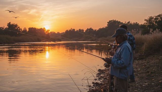 Sunset riverside fishing trio casting lines along calm riverbank at golden hour