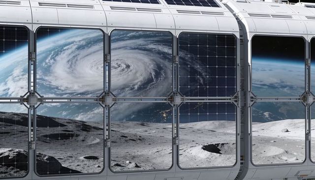 Lunar habitat observation window framing earth cyclone, solar arrays and cratered moon surface