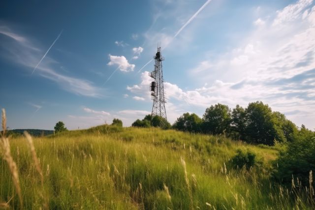 This image depicts a cell tower standing amidst a lush green meadow under a blue sky with patches of white clouds. The setting is rural and serene, indicating the blending of technology and nature. The photograph features a clear and bright atmosphere, showcasing both the industrial structure and the surrounding natural beauty. This image is ideal for use in promotional materials for communication technology, wireless services, rural development projects, and advertisements that emphasize connectivity and innovation in rural areas.