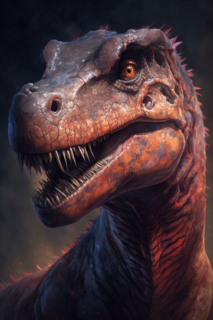 This illustration features a highly detailed close-up of a fierce Tyrannosaurus Rex, showcasing its intricate scales and sharp teeth illuminated under moody lighting. Ideal for educational materials on dinosaurs, fantasy and science fiction content, or decorative posters and wall art for enthusiasts of prehistoric wildlife. Can also be used in marketing materials that require a dramatic and eye-catching animal depiction.