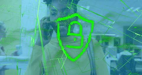 Digital Security Overlay on Businesswoman's Call in Modern Office