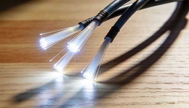 Trio of glowing fiber optic cable ends emitting blue-white light on wooden workbench macro