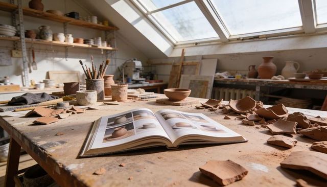 Pottery tutorial book on dusty workbench with terracotta shards, brushes and skylight