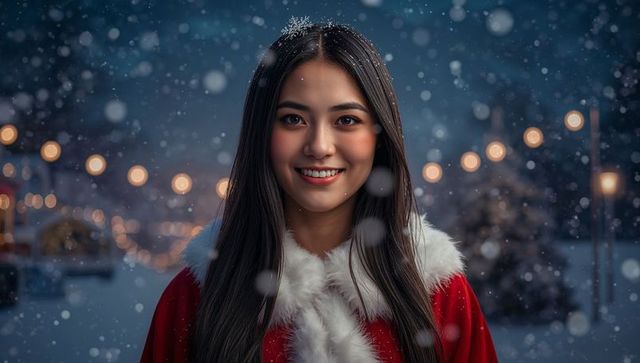 Smiling Woman in Red Fur Coat Amidst Snowy Christmas Night