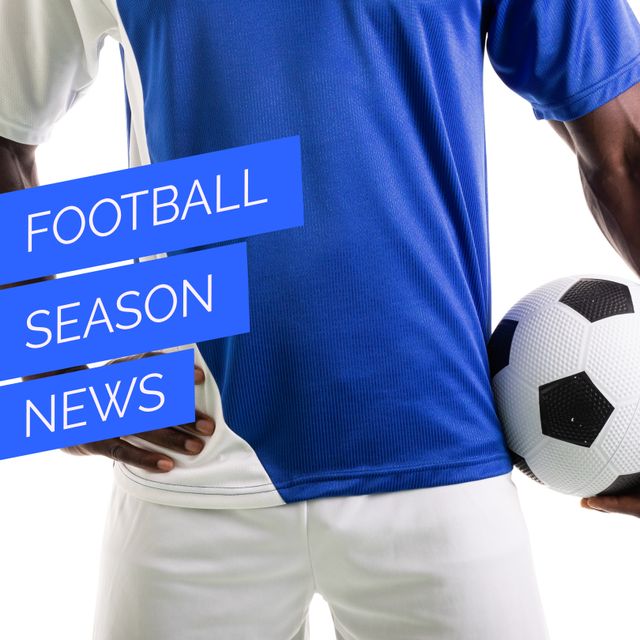 Square image of football season news over midsection of african american male player with ball. Football, league, sport and spot news concept.