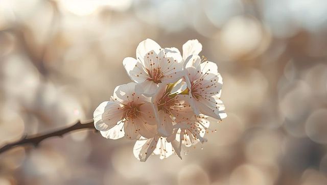 Translucent Pale Cherry Blossoms Glowing in Golden Hour Bokeh, Macro Floral Detail