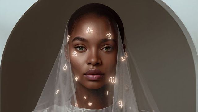 Veiled oracle: closeup portrait of woman wearing sheer veil with glowing mystic sigils