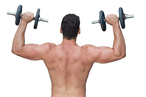 Caucasian man exercising with dumbbells transparent background