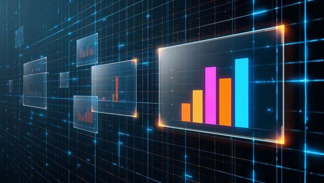 Futuristic Holographic Data Dashboard Displaying Colorful 3D Bar Chart in Neon Grid Matrix