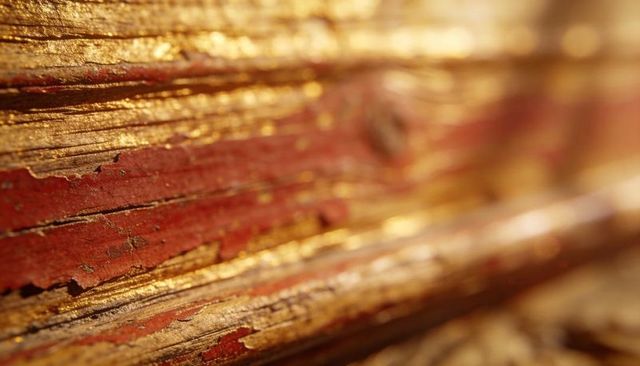 Weathered wooden plank with peeling red paint revealing golden layers, rustic texture