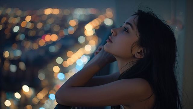 Woman Contemplating Urban Nightscape with City Lights Bokeh Effect