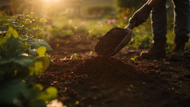 Sunlit gardener shoveling rich soil into garden bed at golden hour for backyard planting