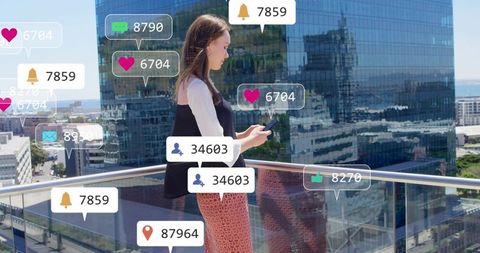Young woman scrolling phone on rooftop balcony surrounded by social media notifications
