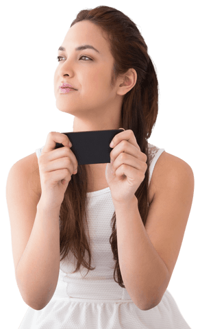 Thoughtful Woman Holding Smartphone Against Transparent Background