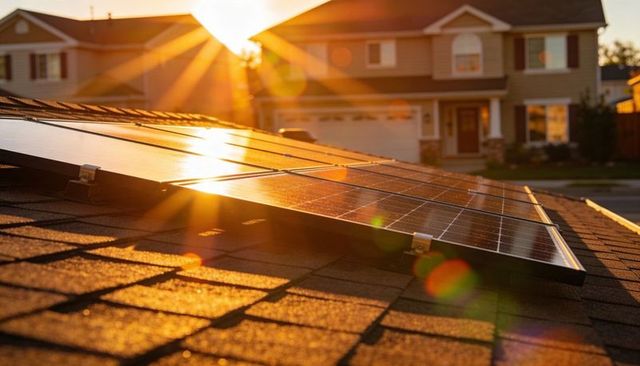 Rooftop solar panels reflecting golden sunset over suburban home for clean energy