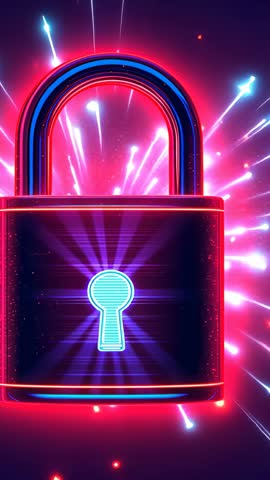 Neon padlock glowing with pulsing keyhole and digital flares vertical cybersecurity video
