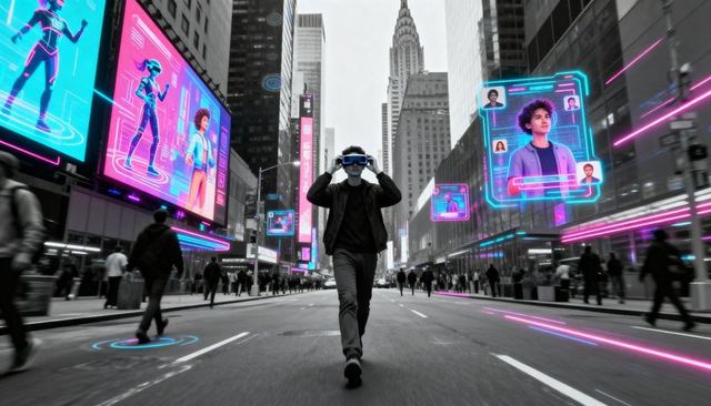 Walking futuristic city wearing ar headset activating neon holograms and digital billboards