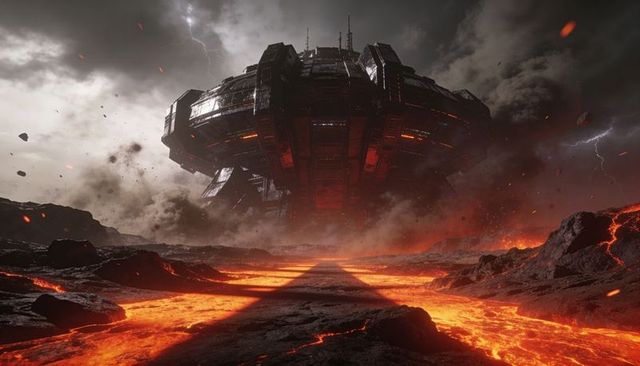 Massive Alien Mothership Hovering Over Volcanic Lava Plain with Rivers of Molten Magma