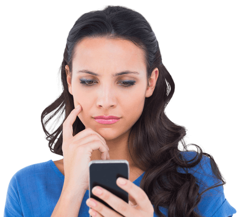 Transparent background woman exploring smartphone with focused expression