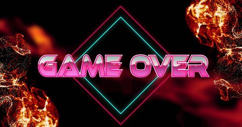 Retro game over grid with fiery flames