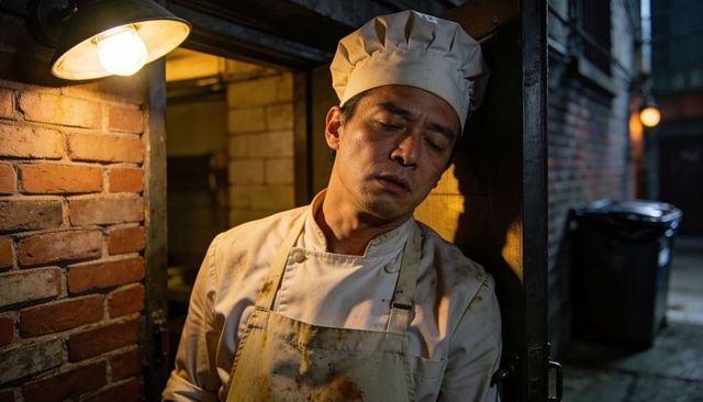 Exhausted chef leaning in kitchen door under warm tungsten lamp light at night alley