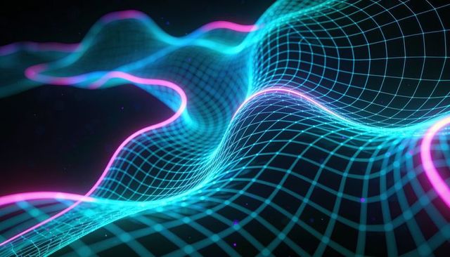 Neon wireframe landscape flowing cyan grid and magenta ribbons futuristic data wave