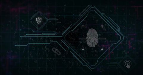 Scanning central fingerprint in holographic biometric security interface with neon circuitry