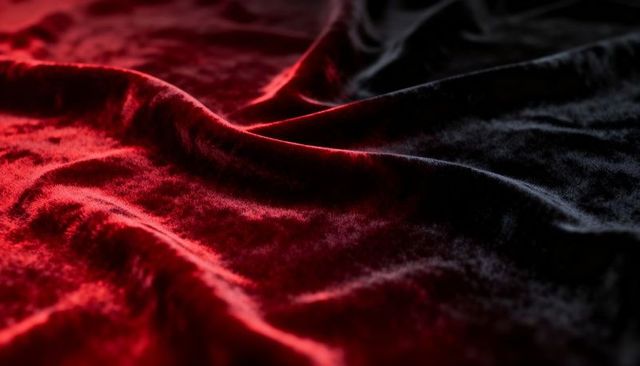 Red and black velvet folds glowing under dramatic rim light with soft sheen, deep contrast