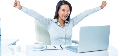Successful Businesswoman Celebrating at Desk with Laptop - Download Free Stock Videos Pikwizard.com