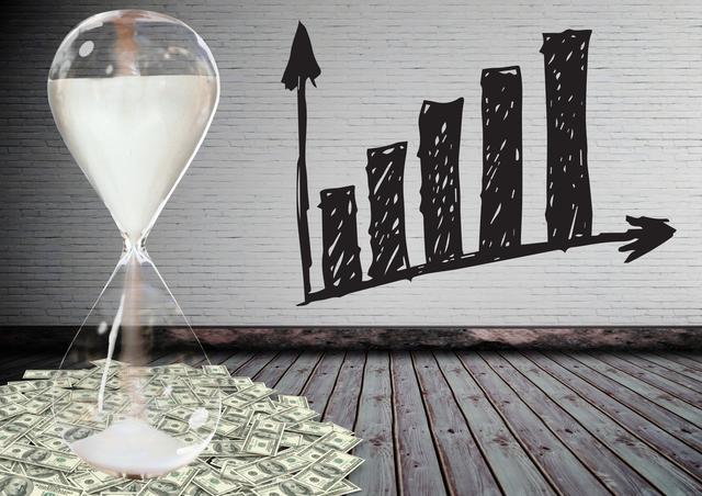 Hourglass with flowing currency symbolizes the passage of time and accumulation of wealth. Growth chart in background represents financial growth and success. Ideal for use in business presentations, financial planning materials, investment strategy guides, and economic growth reports.