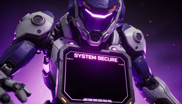 Futuristic armored exosuit displaying system secure on chest, neon robot cybersecurity