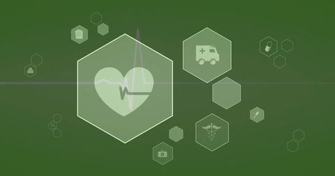Displaying heart monitoring dashboard with medical icons in green hexagon interface