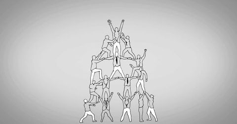 Corporate team building human pyramid concept minimalist monochrome teamwork illustration