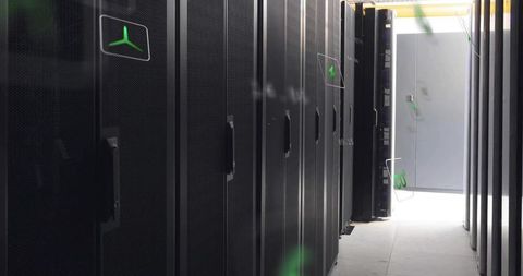 Modern Data Center Server Rack Corridor with Open Door and Green Energy Tech Icons