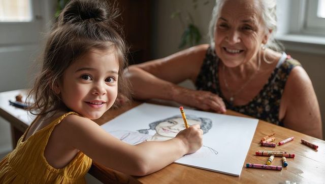 Granddaughter drawing portrait while grandmother smiles at sunlit table with crayons and pencil