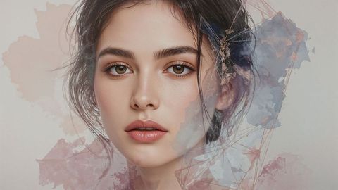 Elegant beautiful lady expression surrounded by pastel abstract art
