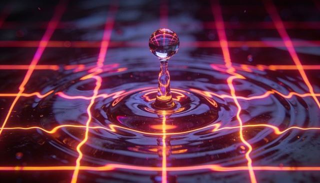 Neon grid water droplet creating radiant ripples on reflective surface with glowing lines