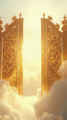 Golden Gates Parting Above Clouds, Sunrise Light Pouring Through Heavenly Gateway