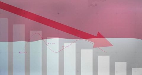 Red Down Arrow with Bar Chart on Pink Abstract Background