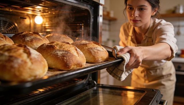Young baker removing steam-rising artisan sourdough loaves from hot oven in home kitchen