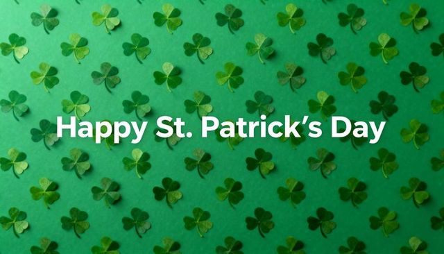 Happy st. Patrick's day greeting on green shamrock pattern with white text overlay