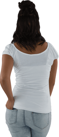 Rear View of Woman in White Top on Transparent Background