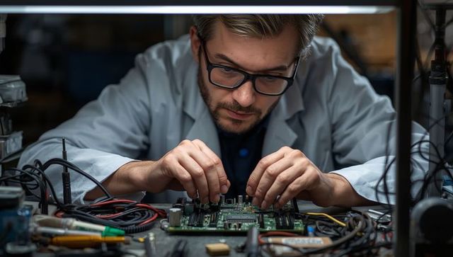 Electronics technician adjusting circuit board at workspace
