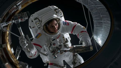 Female astronaut reaching through hatch during spacewalk manipulating orbital tool