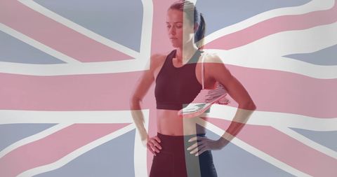 Caucasian sportswoman with uk flag overlay engaging in fitness