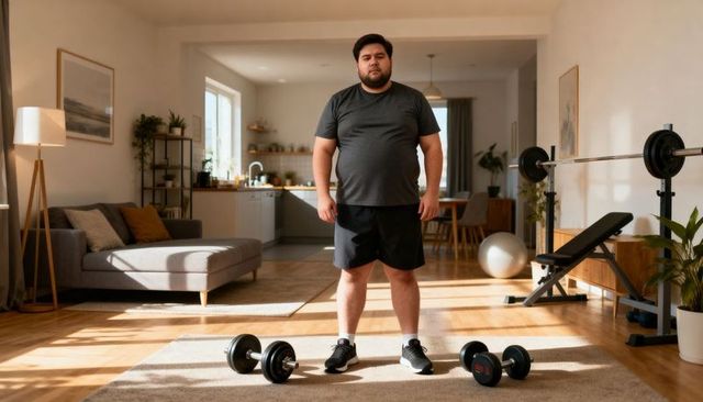 Overweight man starting home workout with dumbbells in bright living room