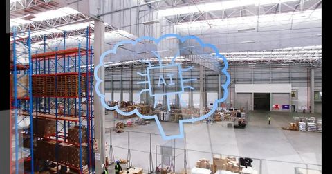 AI Brain Overlay Visualizing Smart Digital Warehouse Automation and Logistics Efficiency