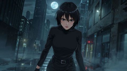 Mysterious female burglar agent patrolling misty urban streets under full moon