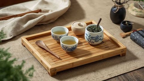 Bamboo tea tray holding blue-white porcelain cups and loose green tea on linen placemat