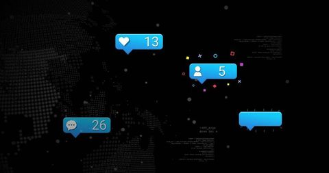 Global social media interactions visualization on black background